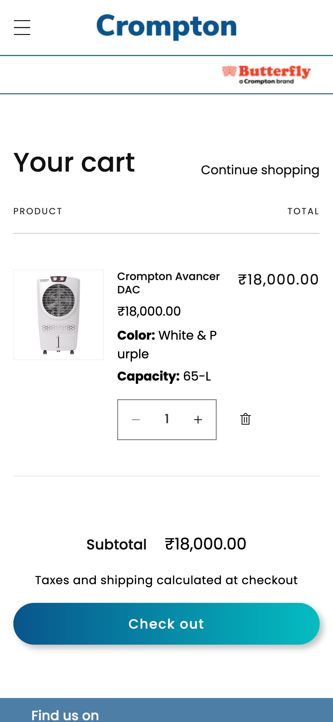Crompton — Mobile cart page showing cart with item (Avancer DAC ₹18,000), clean checkout layout — absence of urgency signals shown for contrast