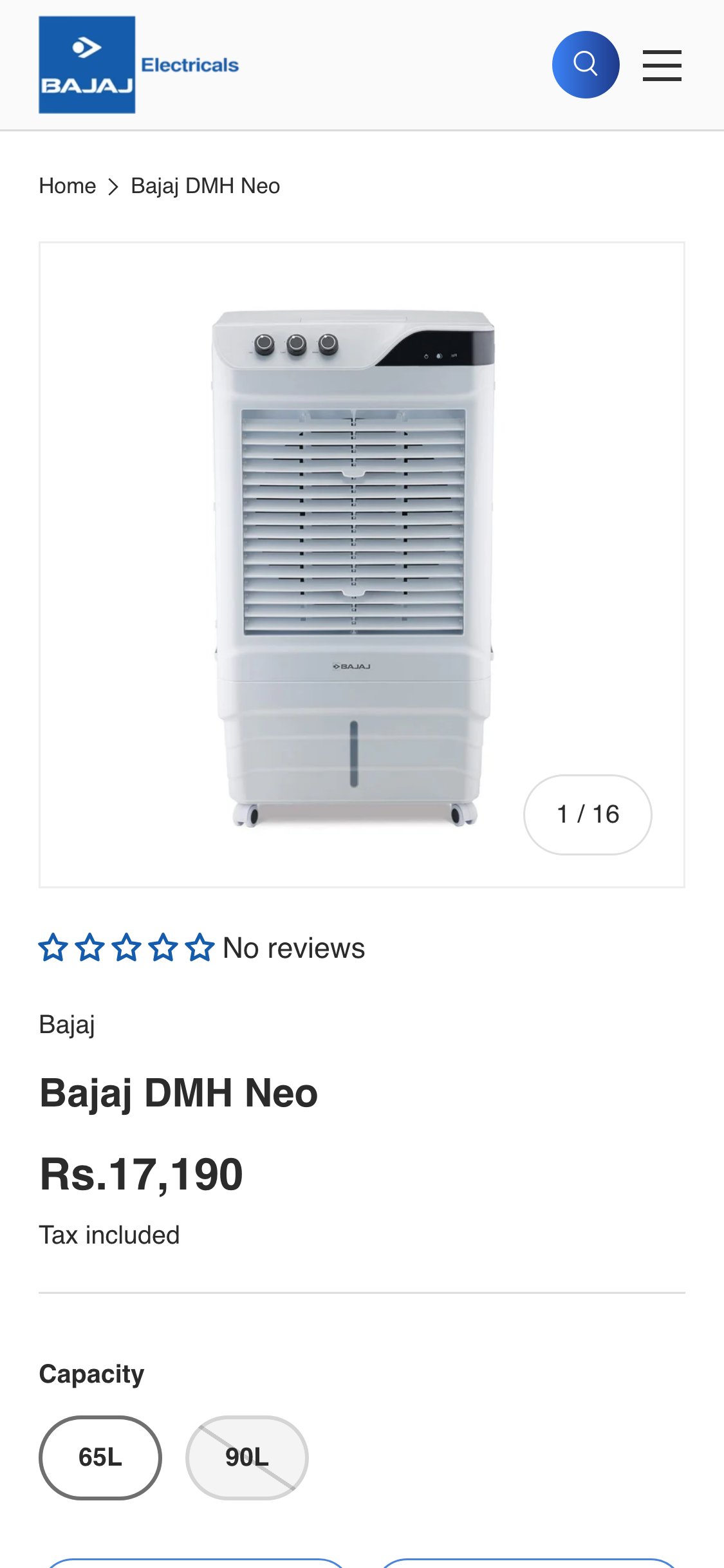Bajaj Electricals — Mobile PDP showing star rating row (☆☆☆☆☆ No reviews) directly below product image, above product title