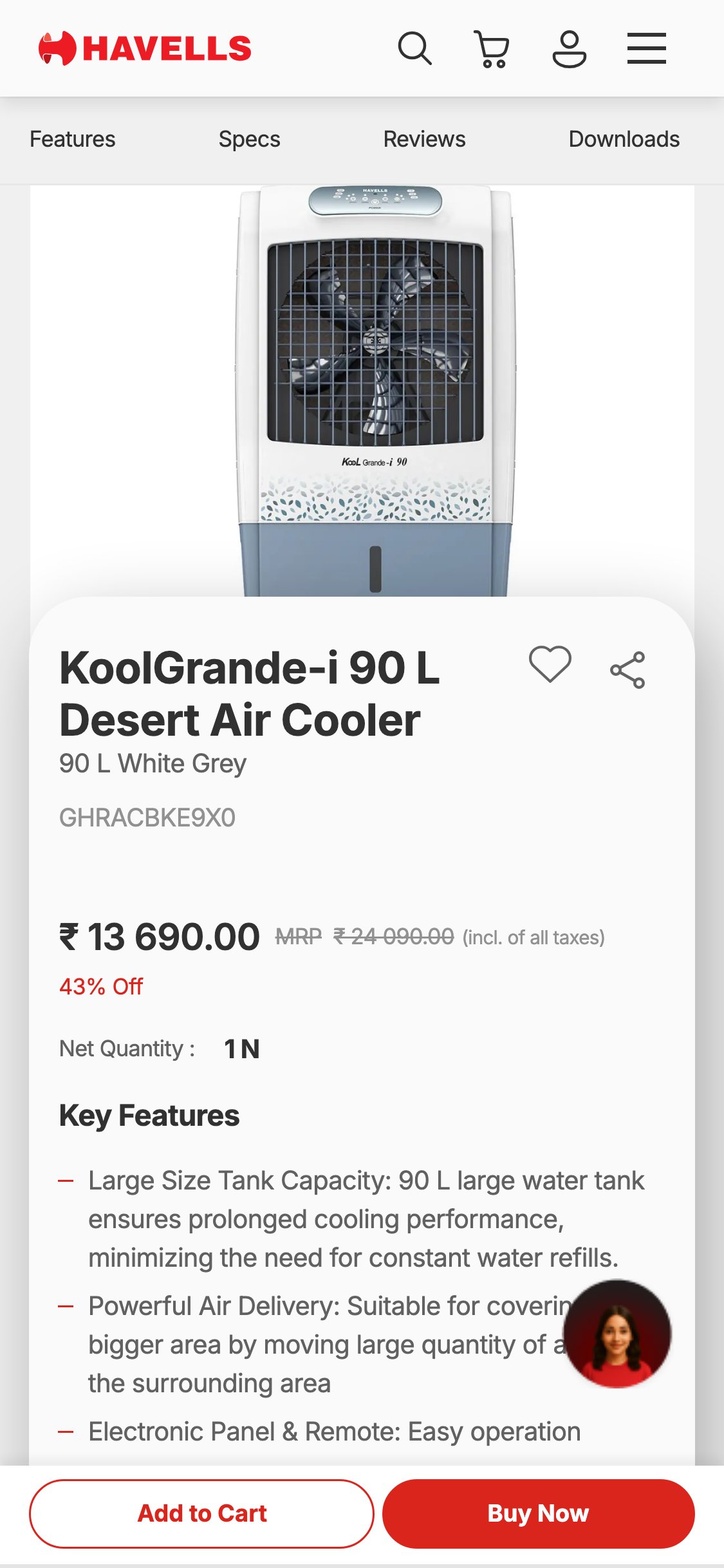 Havells — Mobile PDP showing sale price ₹13,690, MRP ₹24,090 strikethrough, and '43% Off' badge in red