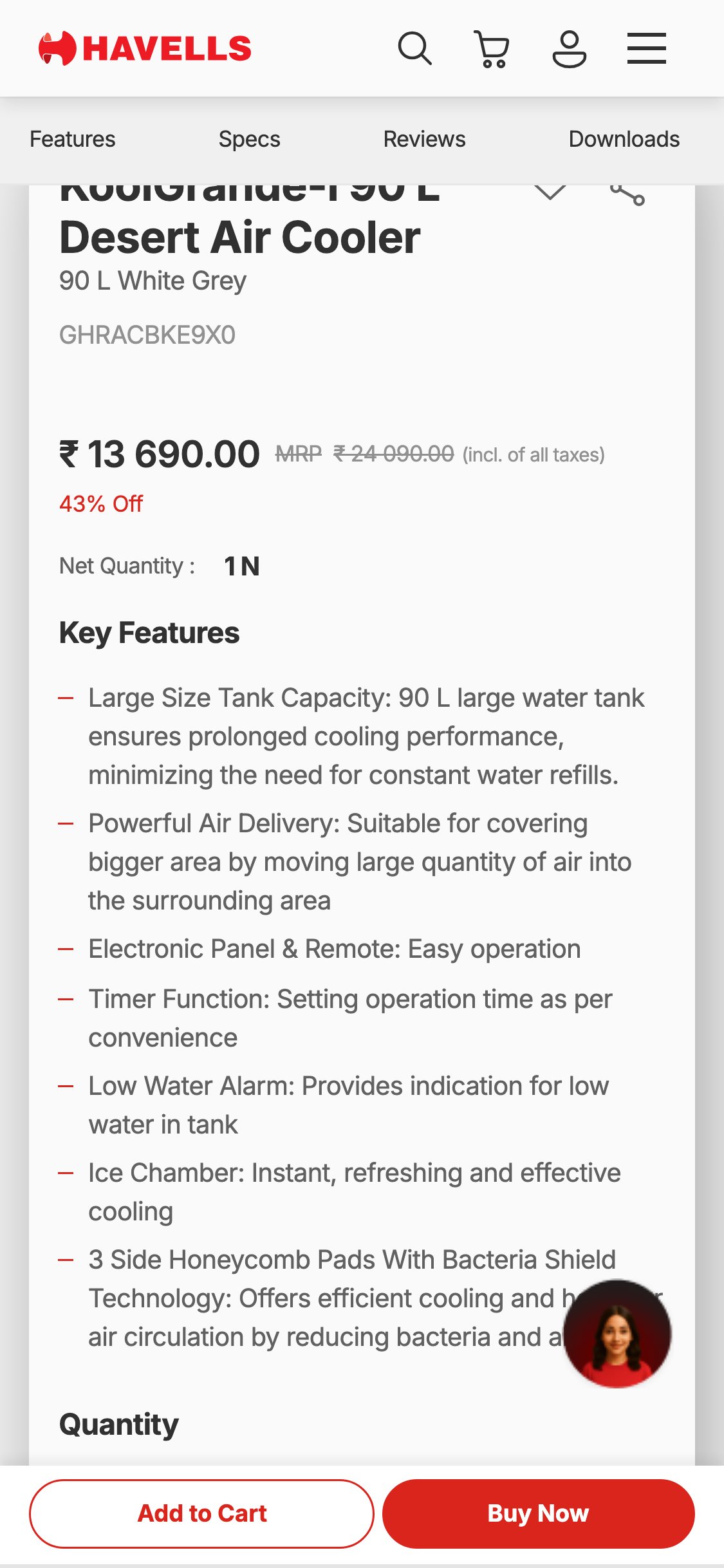 Havells — Mobile PDP showing Features/Specs/Reviews tab navigation and structured Key Features list below product title