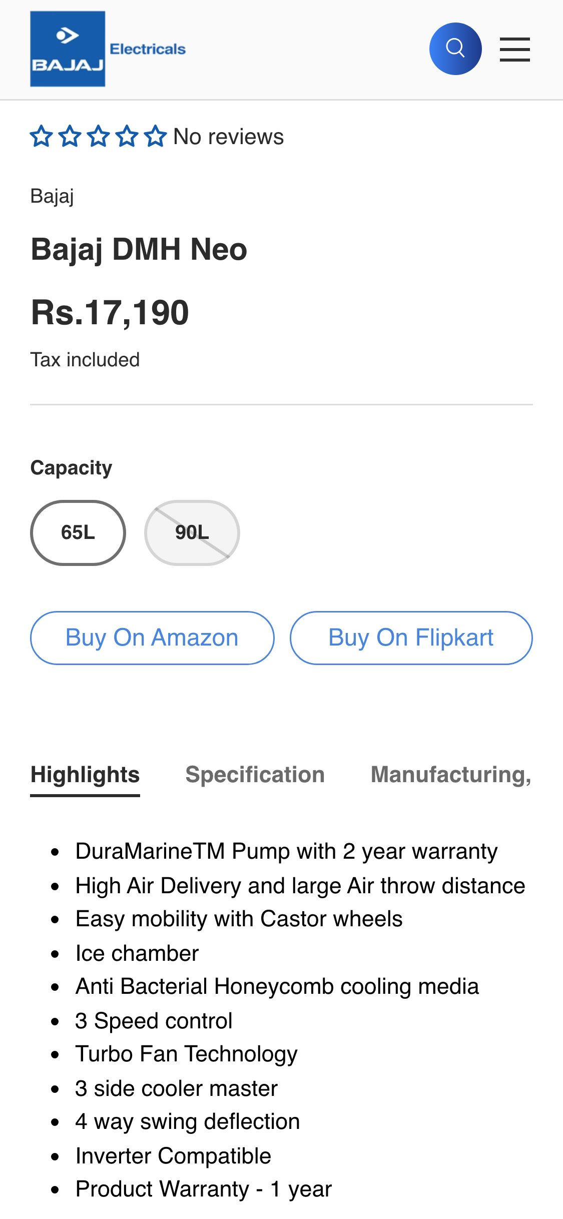 Crompton — Mobile PDP showing 4-icon trust strip: Buy In Store Or Online, Service And Installation, Product Warranty, Top Rated Products