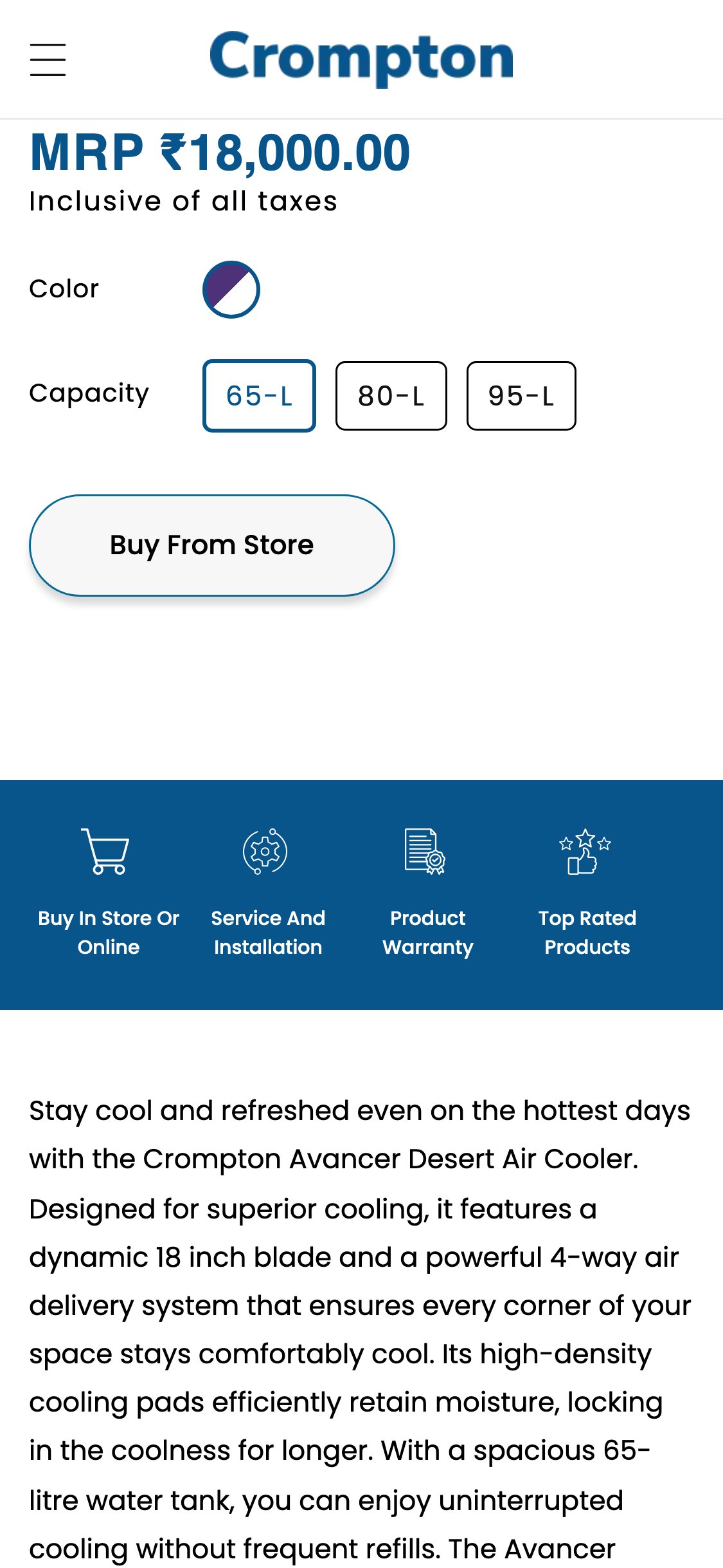 Crompton — Mobile PDP showing 4-icon engagement strip below ATC: Buy In Store Or Online, Service And Installation, Product Warranty, Top Rated Products