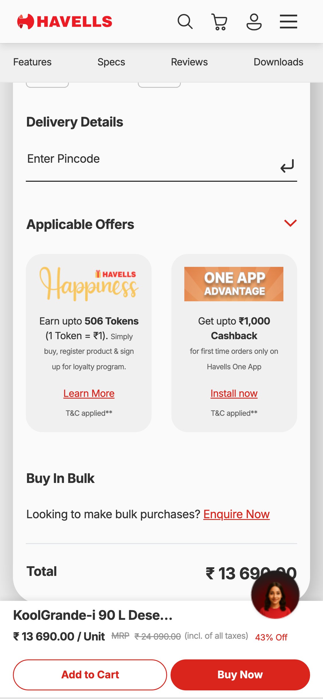 Havells — Mobile PDP showing Applicable Offers expanded + Customer Reviews section heading in structured accordion layout